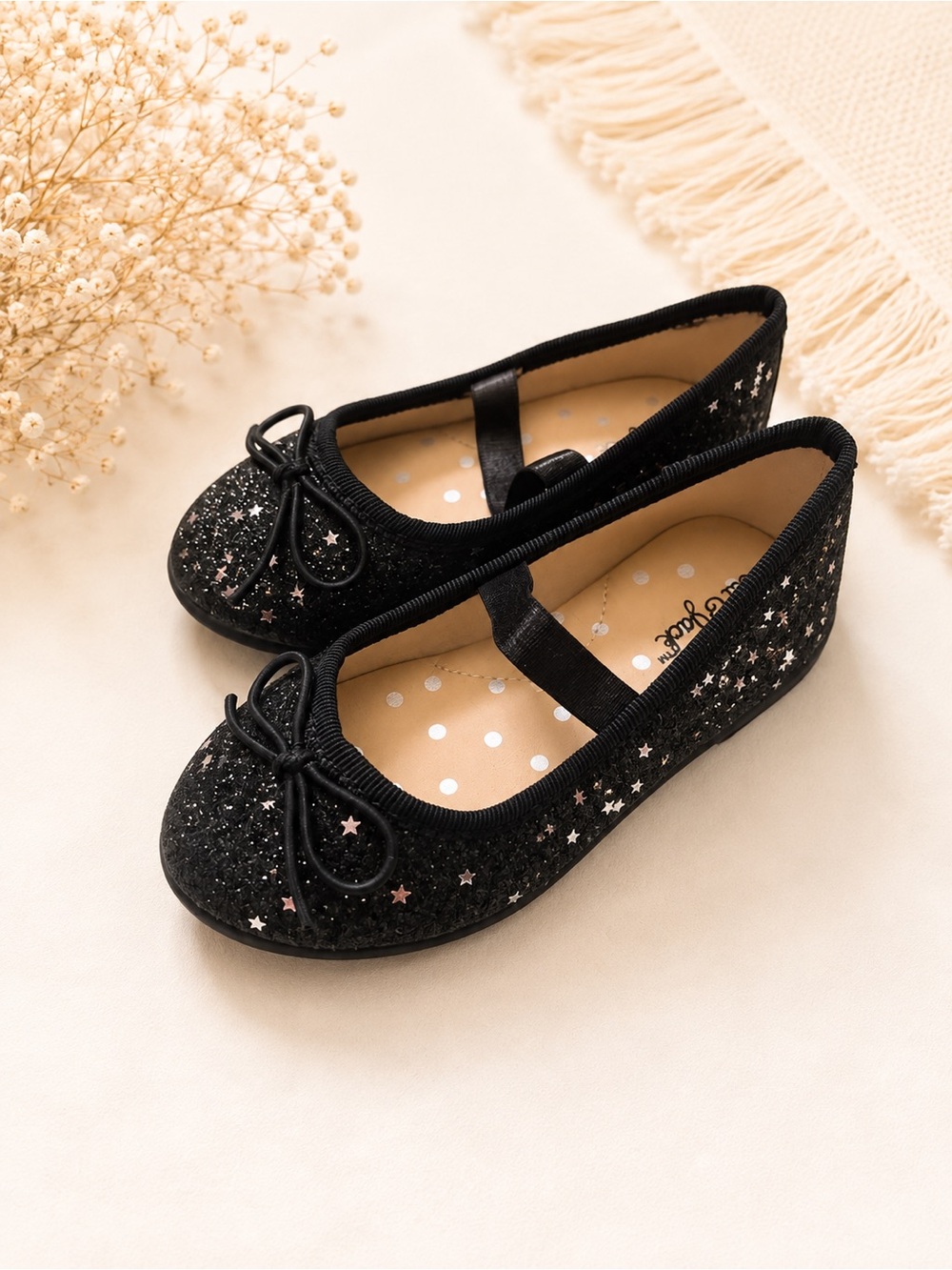 Cat & Jack Black Glitter Star Mary Jane Flats with Bow